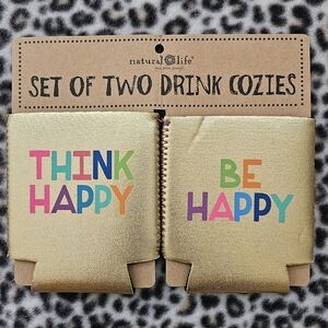 Natural Life Gold Neoprene Set of Two Drink Cozies, Think Happy & Be Happy, NWT